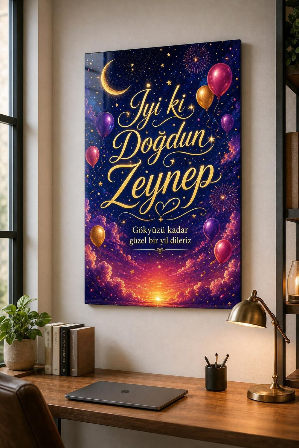 İyi ki Doğdun Yazılı Baskılı Cam Tablo – Yıldızlı Balonlu Dekoratif Duvar Tablosu