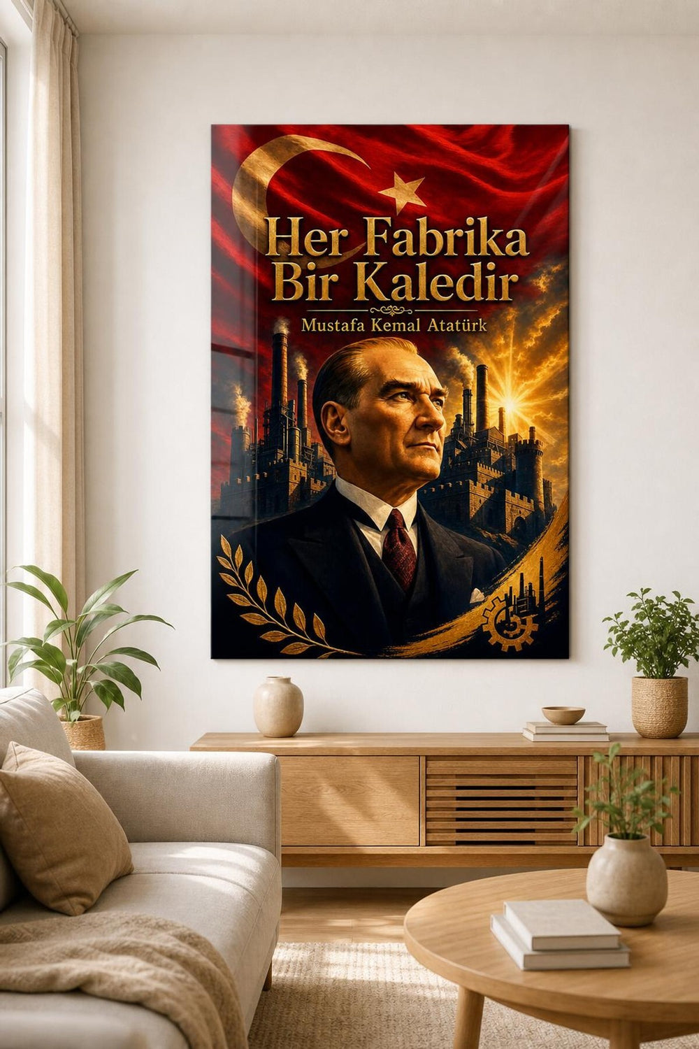 Atatürk Her Fabrika Bir Kaledir Baskılı Cam Tablo – Türk Bayrağı Dekoratif