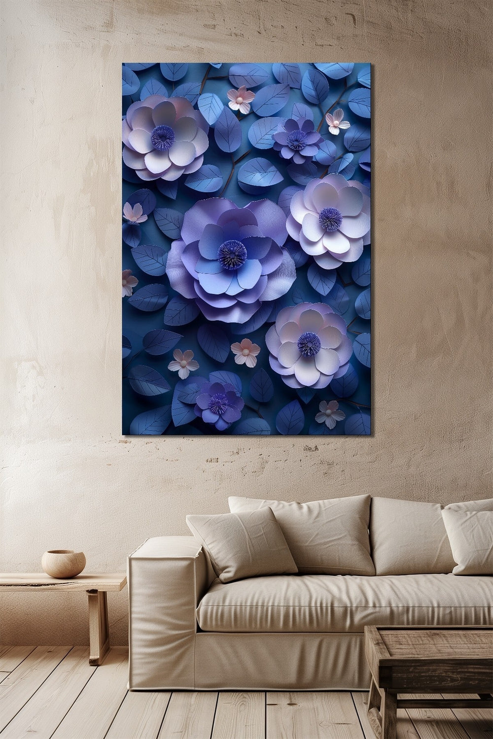 Çiçek Baskılı Cam Tablo – Mavi Mor Tonlu 3D Floral Dekoratif Duvar Tablosu