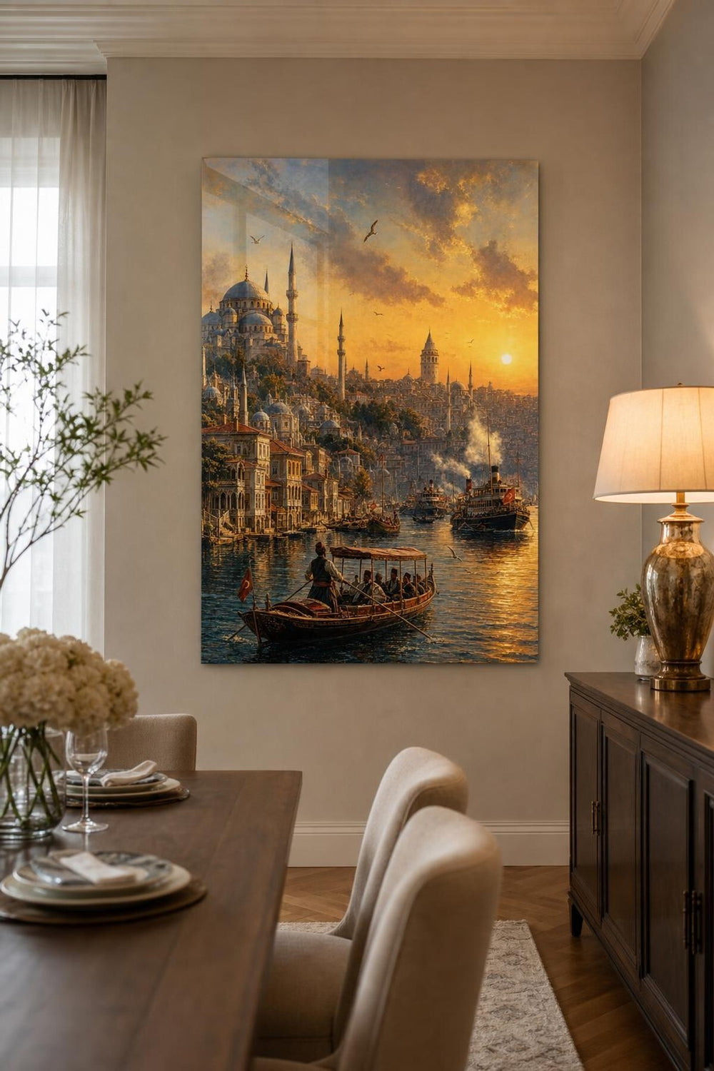 İstanbul Boğazı Desenli Baskılı Cam Tablo – Osmanlı Şehir Manzarası UV Baskı