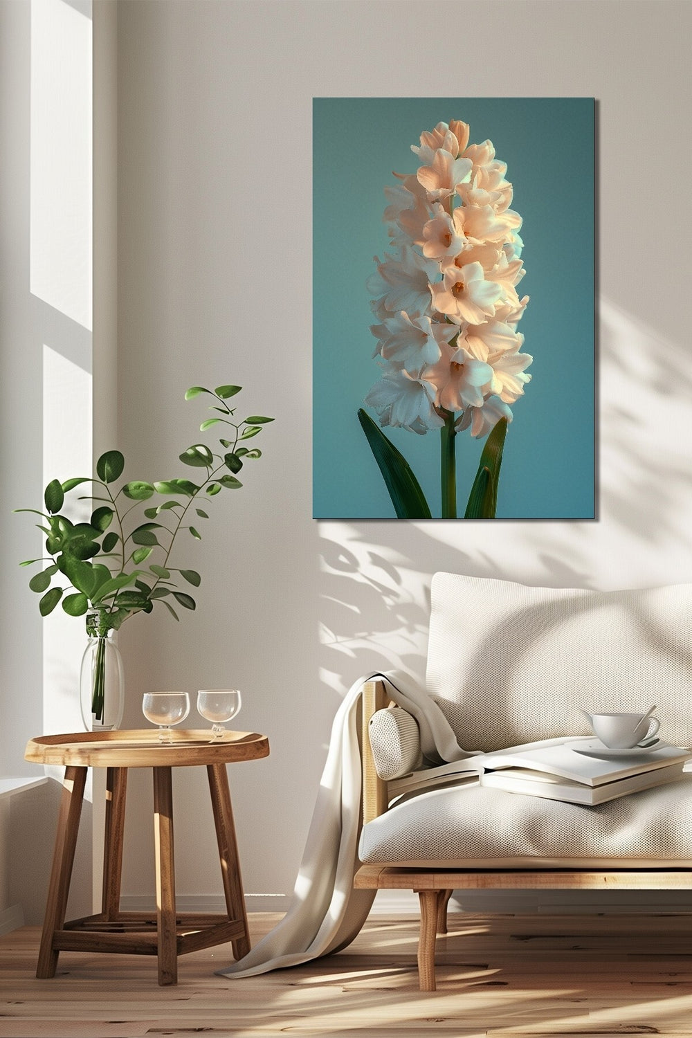 Sümbül Çiçeği Baskılı Cam Tablo – Pastel Mavi Arka Plan Modern Dekoratif Tablo
