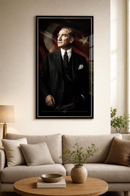 Atatürk İmzalı Çerçeveli Portre Baskılı Cam Tablo – UV Baskı Dekoratif Duvar Tablosu