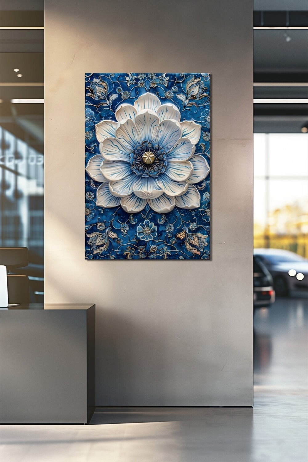 Mavi Çiçek Baskılı Cam Tablo – Etnik Desenli Dekoratif Lotus Duvar Tablosu
