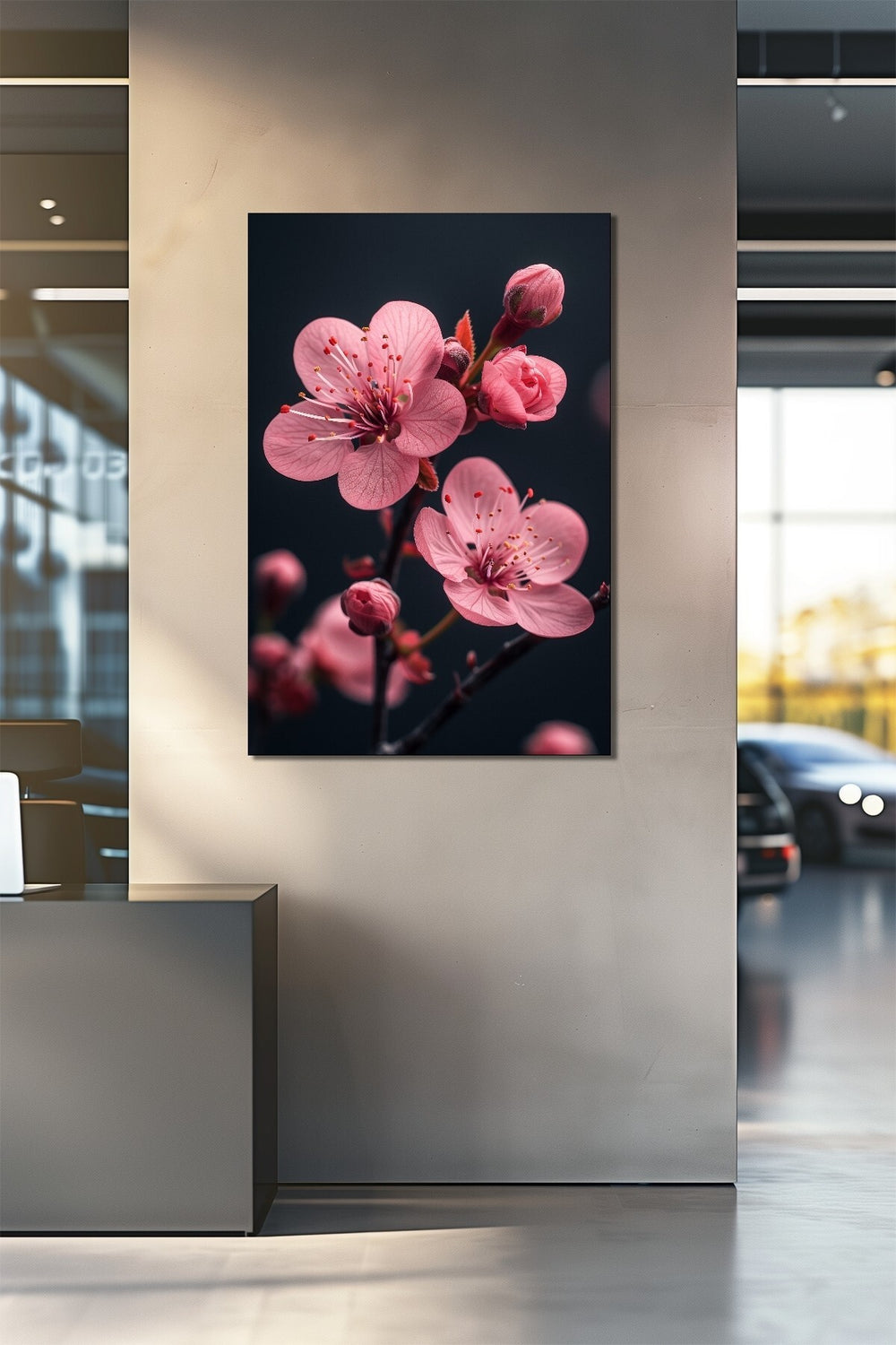 Pembe Çiçek Baskılı Cam Tablo – Minimal Sakura Dalı Dekoratif Duvar Tablosu