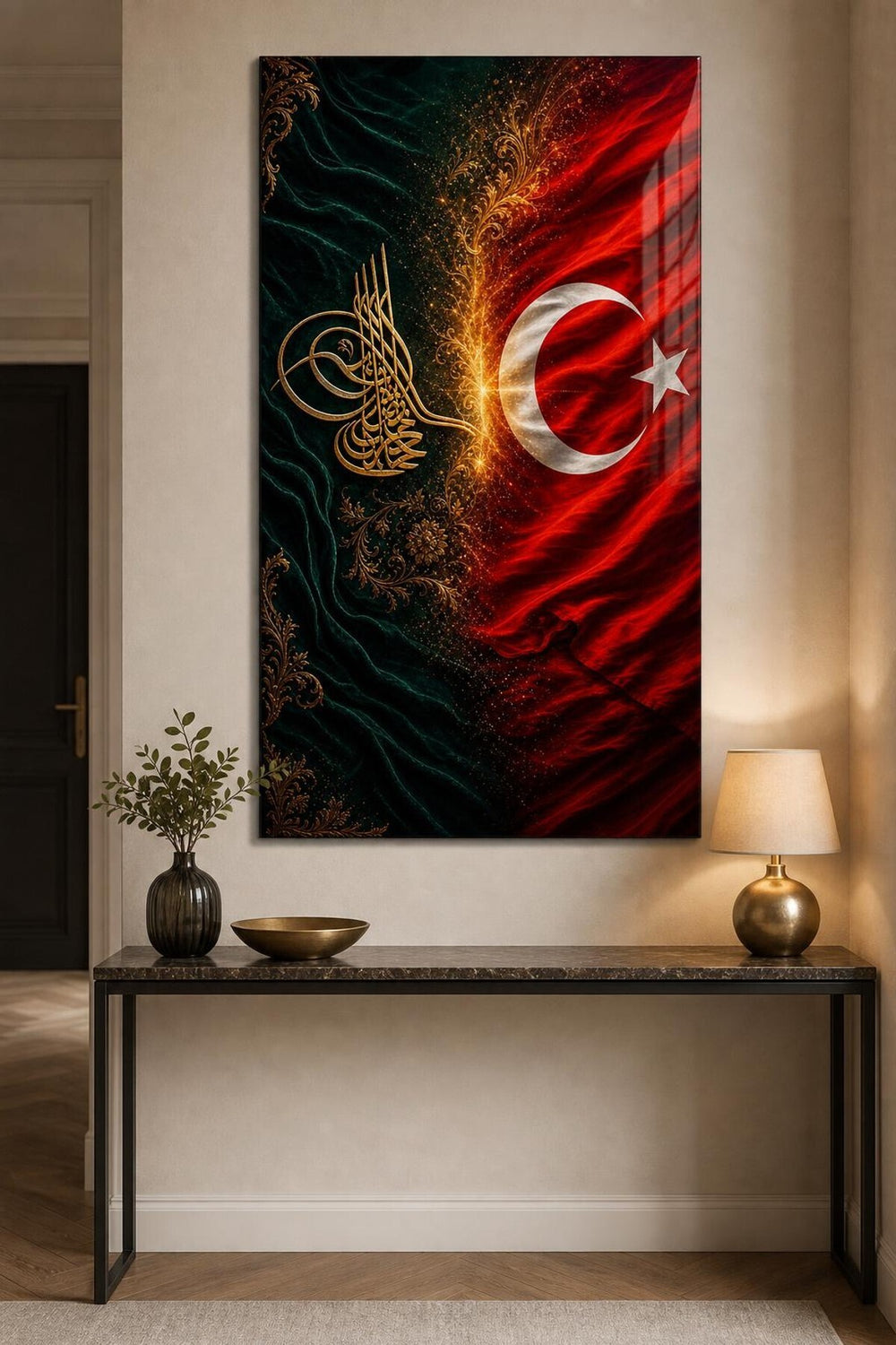 Osmanlı Tuğrası Türk Bayrağı Baskılı Cam Tablo – UV Baskı Dekoratif Duvar Tablosu