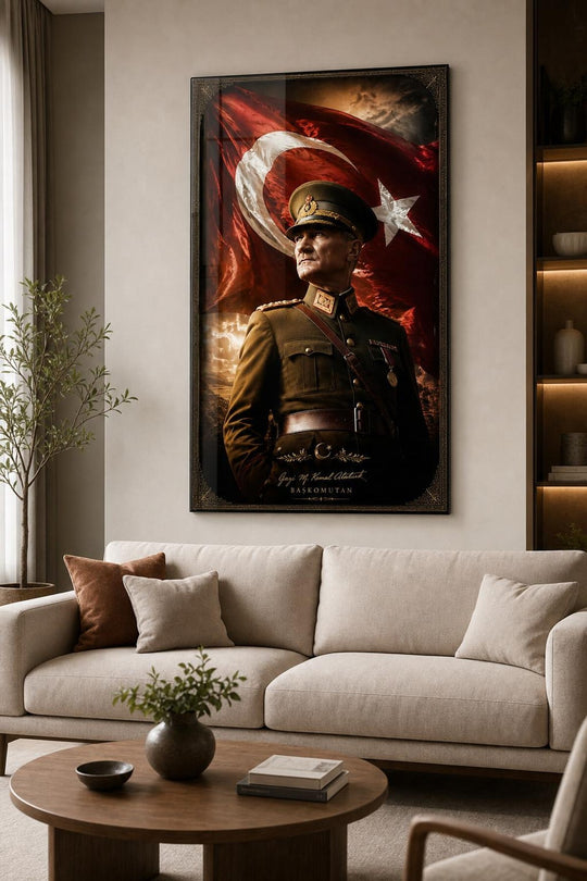 Atatürk Mareşal Üniformalı Baskılı Cam Tablo – UV Baskı Dekoratif Duvar Tablosu