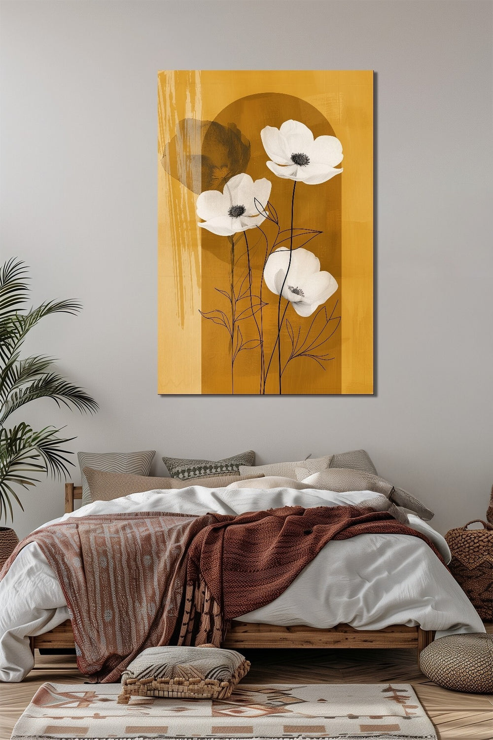 Sarı Çiçek Baskılı Cam Tablo – Minimalist Modern UV Baskı Duvar Dekoru
