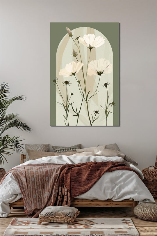 Minimalist Çiçek Baskılı Cam Tablo – Yeşil Zemin Beyaz Çiçek Desenli Modern Dekor
