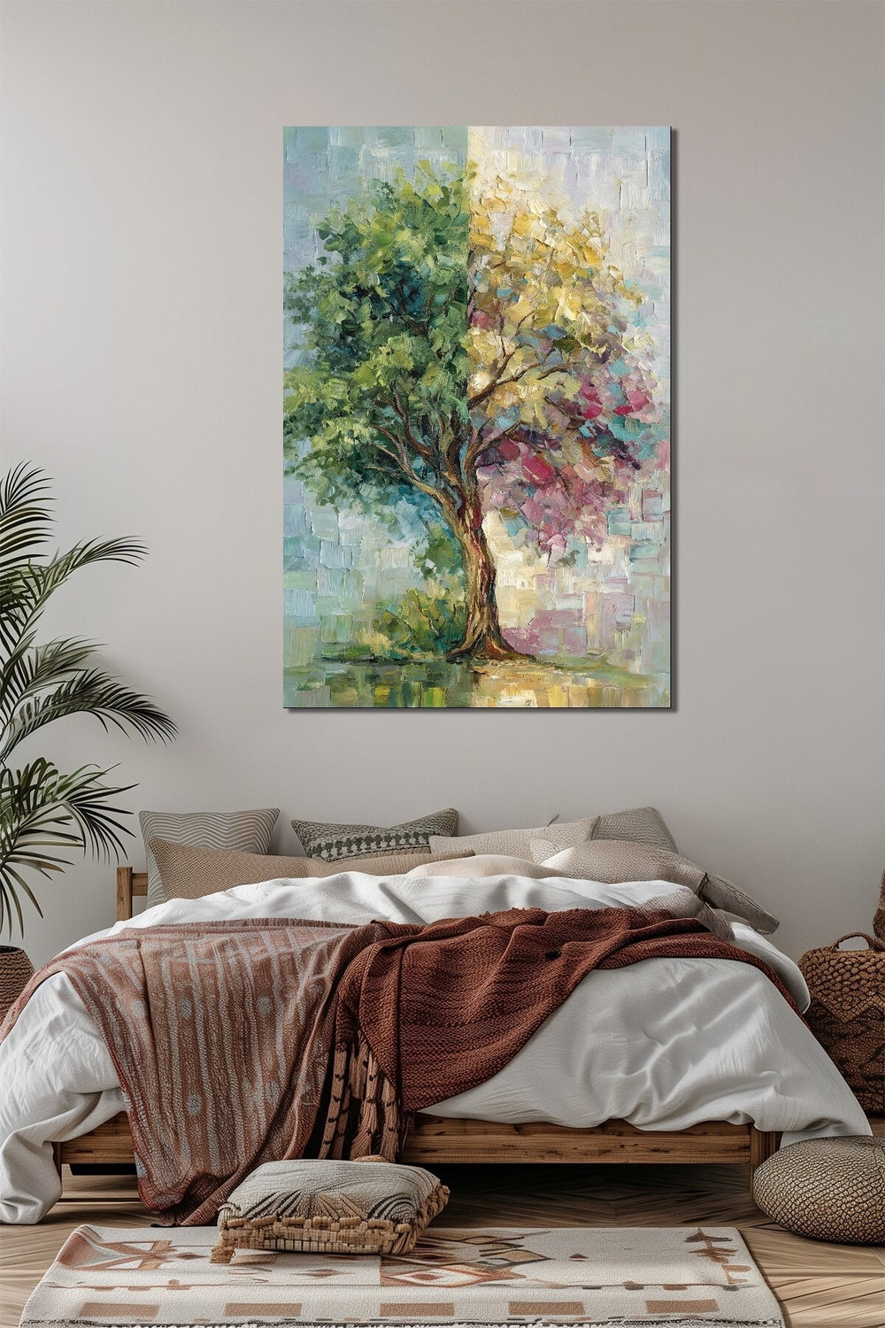 Soyut Ağaç Baskılı Cam Tablo – Pastel Renkli Modern Doğa Temalı UV Baskı
