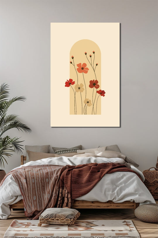 Minimalist Çiçek Baskılı Cam Tablo – Bohem Modern UV Baskı Duvar Dekoru