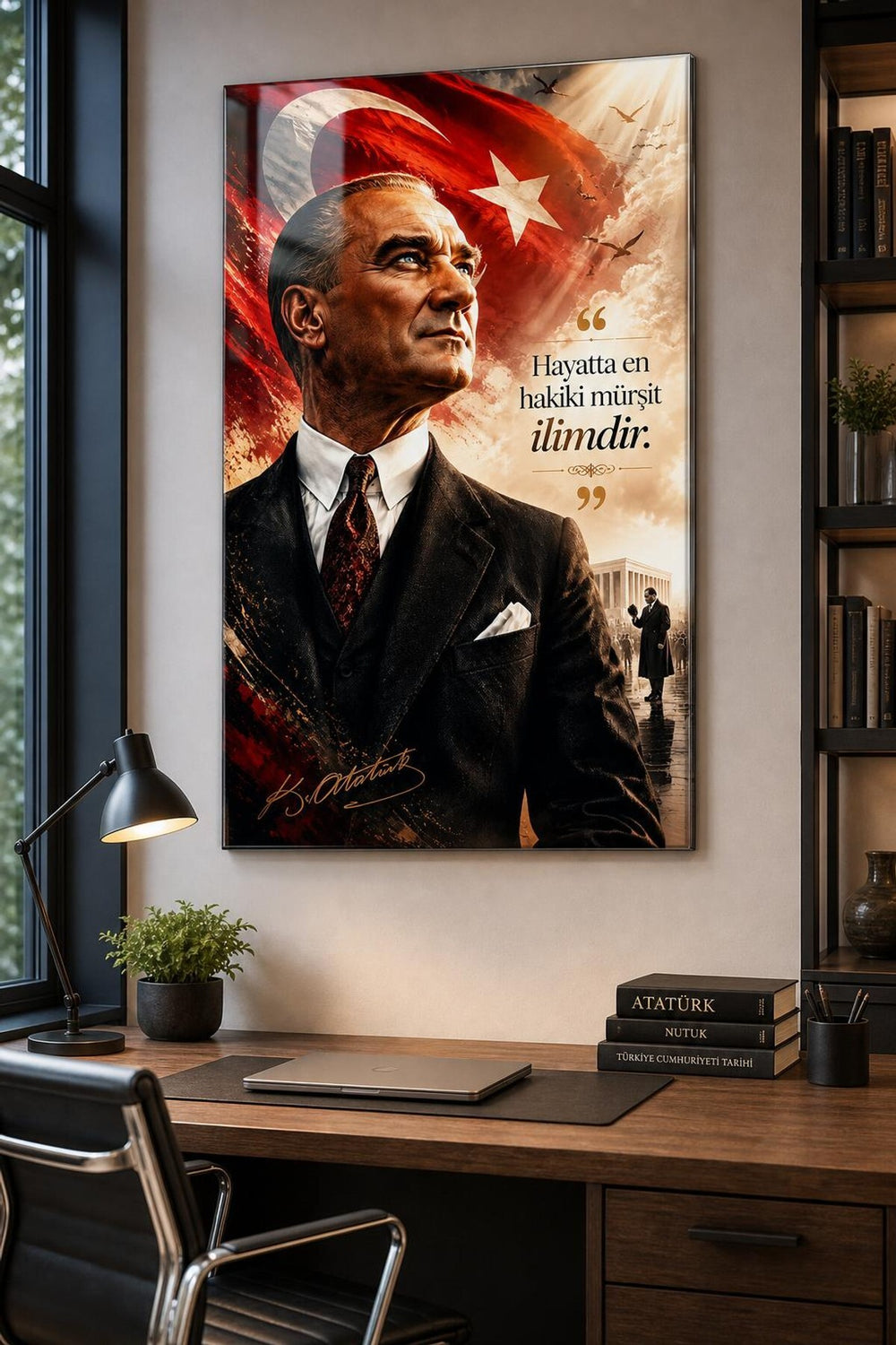 Atatürk En Hakiki Mürşit İlimdir Baskılı Cam Tablo – UV Baskı Dekoratif Duvar Tablosu