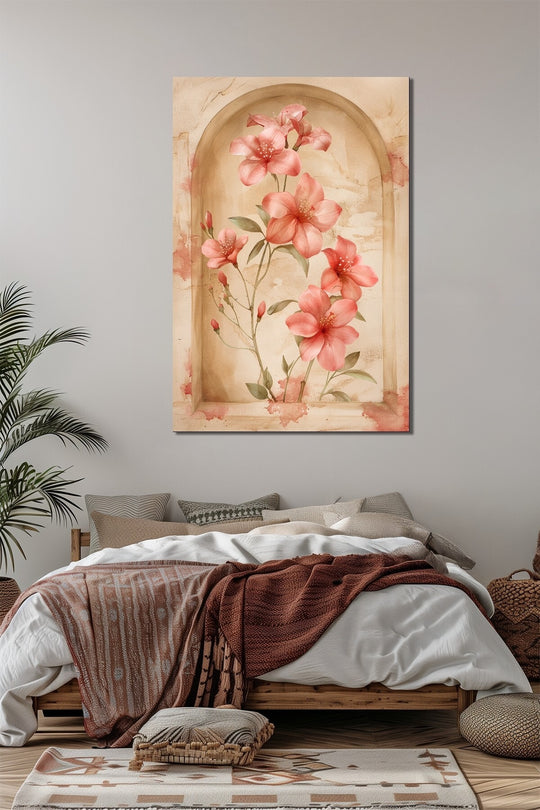 Pembe Çiçek Baskılı Cam Tablo – Vintage Niş Tasarım Estetik Duvar Dekoru