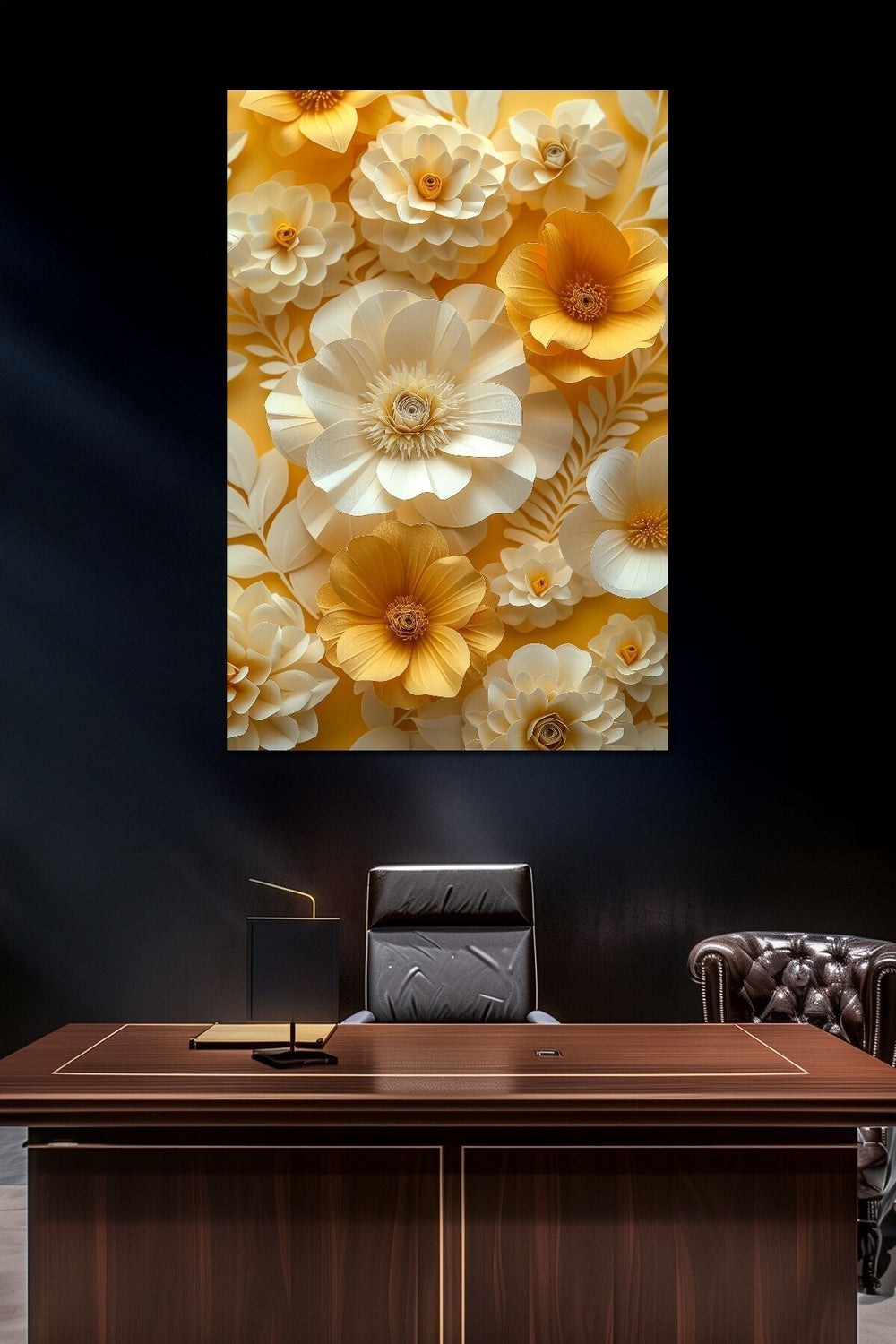 Çiçek Baskılı Cam Tablo – 3D Görünümlü Sarı Beyaz Floral Dekoratif Duvar Tablosu