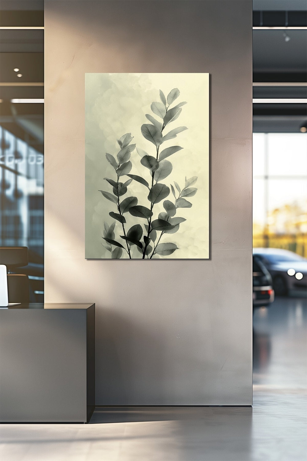 Okaliptus Yaprak Baskılı Cam Tablo – Modern Minimalist Doğa Temalı UV Baskı Duvar Dekoru