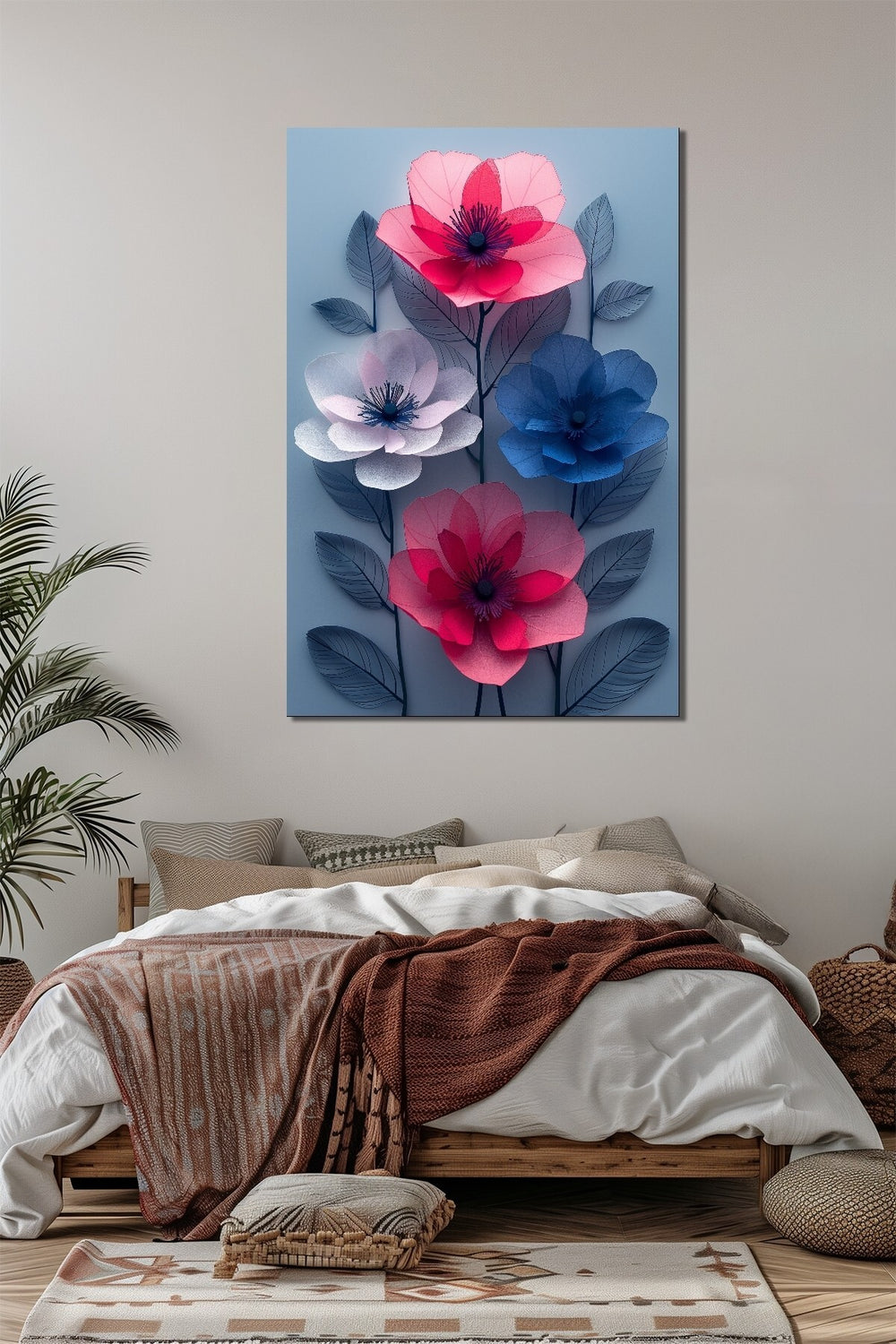 Çiçek Baskılı Cam Tablo – Renkli Modern Floral Dekoratif Duvar Tablosu