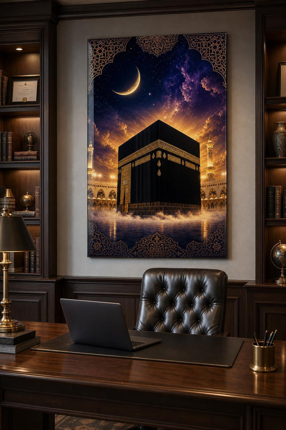 Hilalli Gece Kabe Baskılı Cam Tablo – UV Baskı Manevi Dekoratif Duvar Tablosu