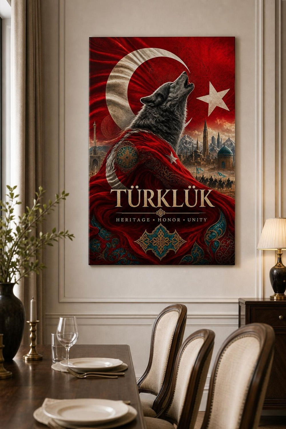 Türklük Bozkurt Temalı Baskılı Cam Tablo – Türk Bayrağı UV Baskı Duvar Dekoru