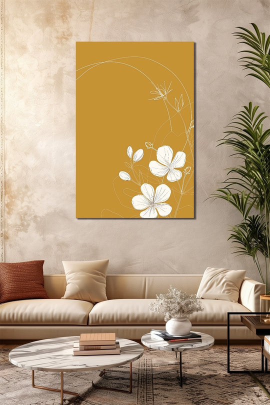 Minimalist Çizgi Çiçek Baskılı Cam Tablo – Hardal Sarı Modern UV Baskı Duvar Dekoru