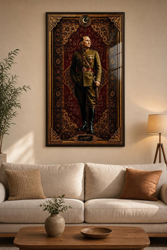 Atatürk Portre Baskılı Cam Tablo – Osmanlı Motifli UV Baskı Duvar Dekoru