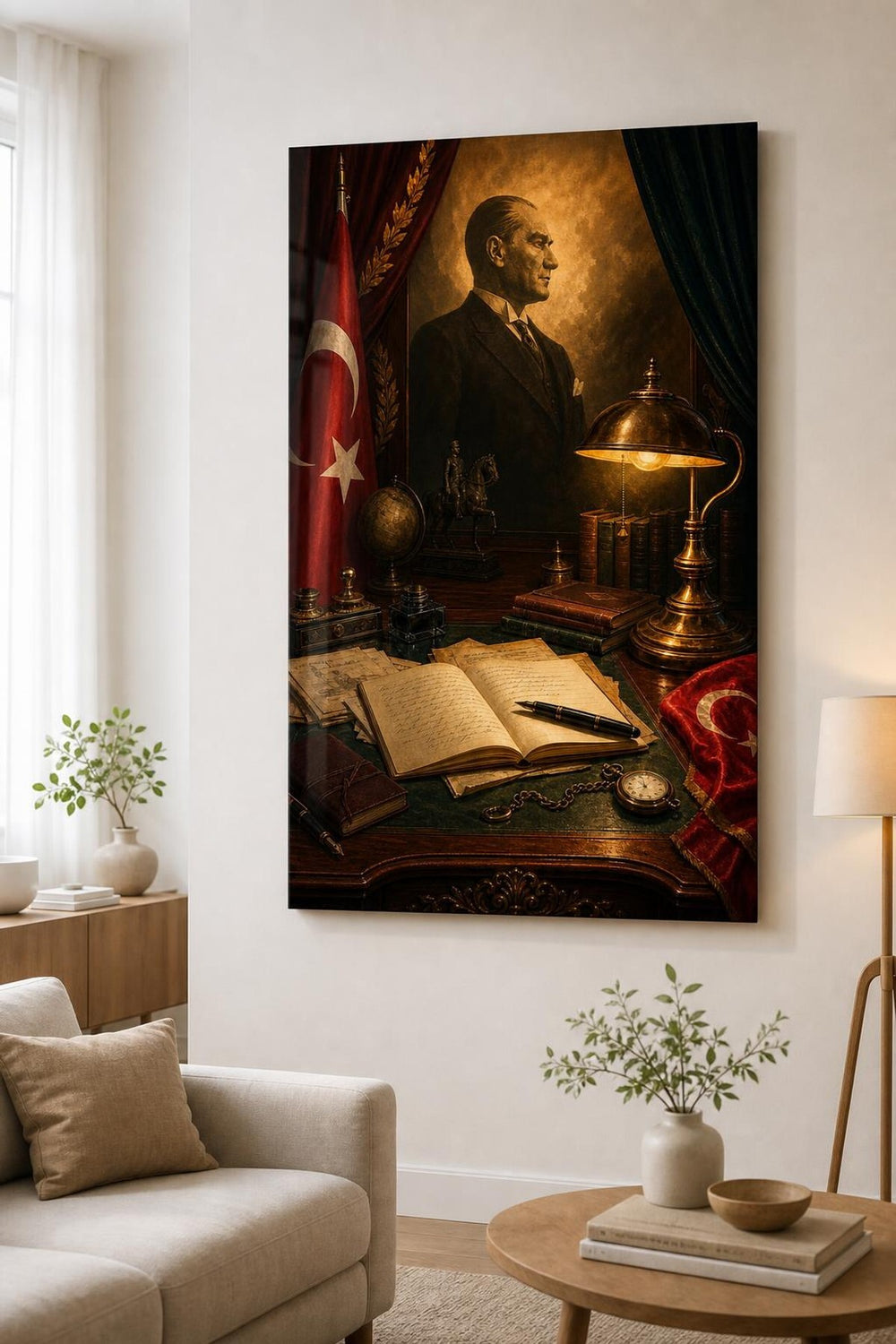 Atatürk Temalı Baskılı Cam Tablo – Türk Bayrağı UV Baskı Dekoratif Duvar Tablosu
