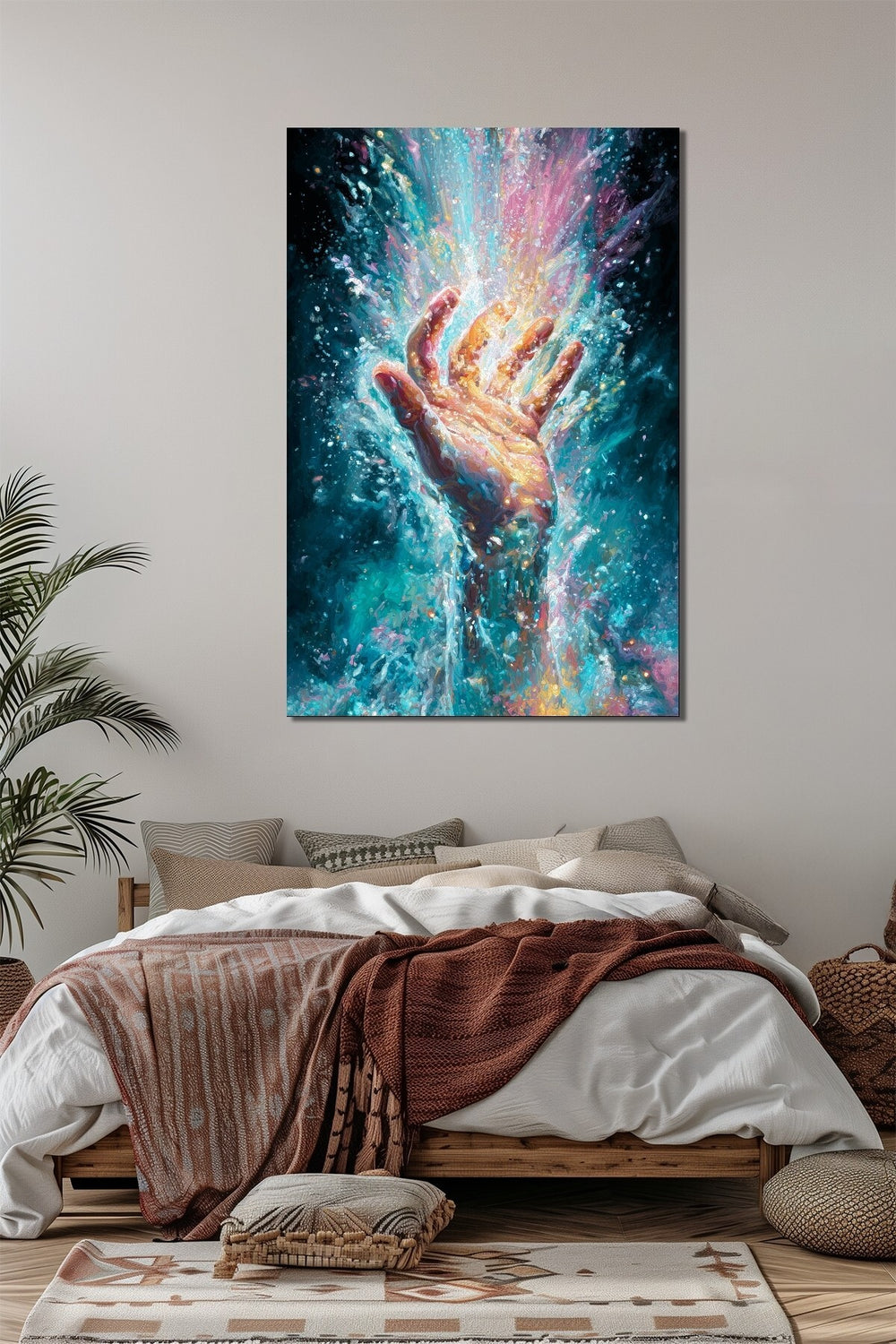 Soyut Enerji El Baskılı Cam Tablo – Renk Patlamalı Modern Sanat Duvar Dekoru
