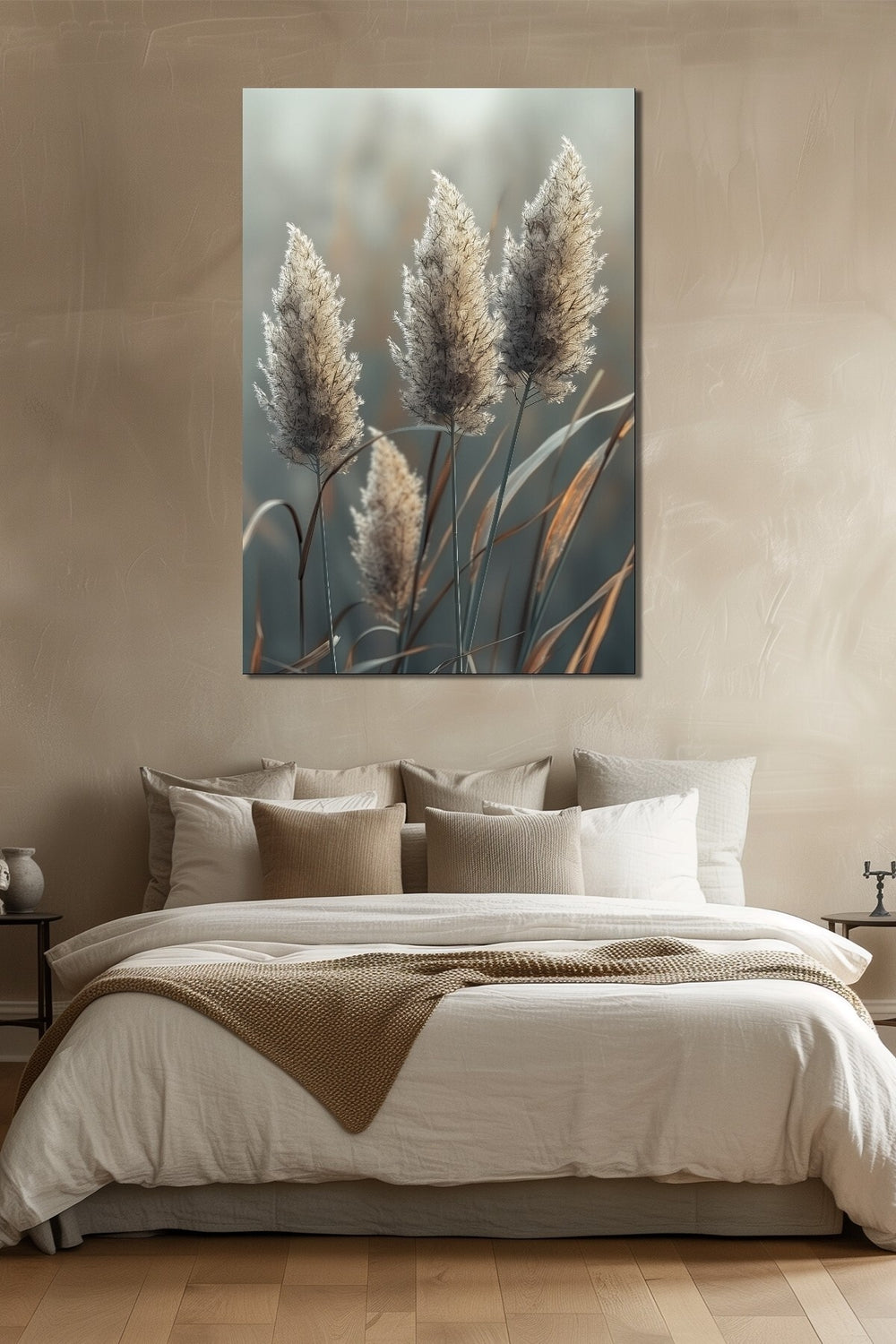 Pampas Otu Baskılı Cam Tablo – Doğal Bohem Stil UV Baskı Modern Duvar Dekoru