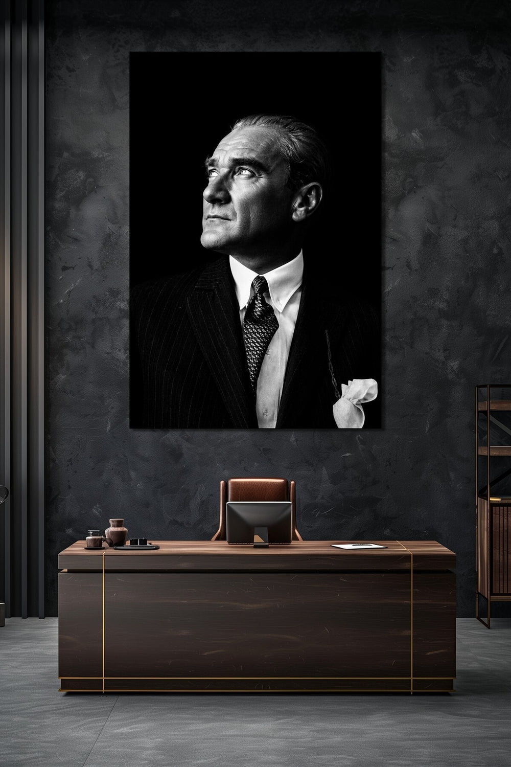 Atatürk Siyah Beyaz Portre Cam Tablo – Klasik Şık UV Baskı Duvar Dekoru