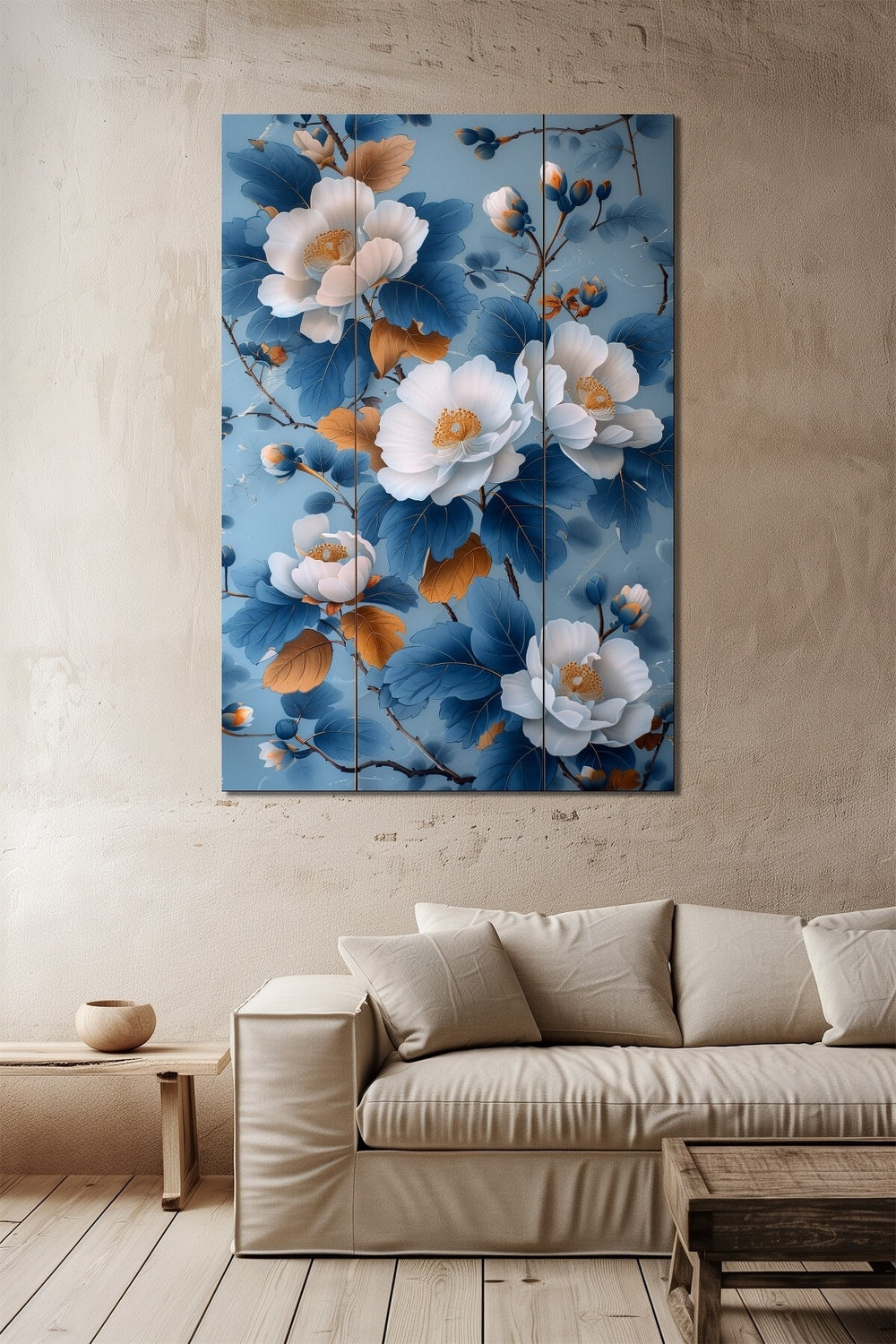 Çiçek Baskılı Cam Tablo – Mavi Beyaz Floral Desenli Şık Dekoratif Duvar Tablosu