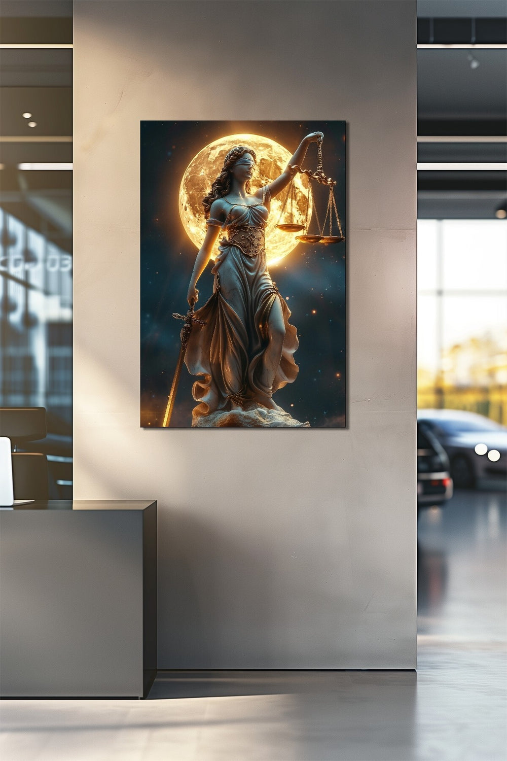 Adalet Heykeli Baskılı Cam Tablo – Ay Işığı Temalı Lady Justice Dekoratif Tablo