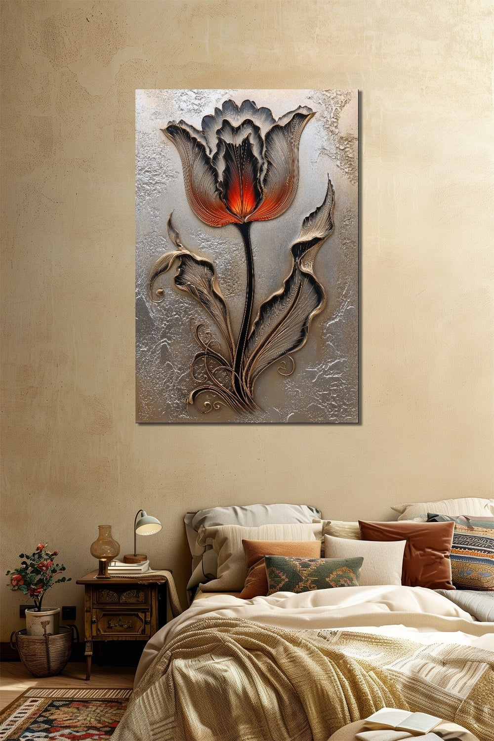Lale Çiçeği Baskılı Cam Tablo – Kabartma Efektli Modern Floral Duvar Dekoru