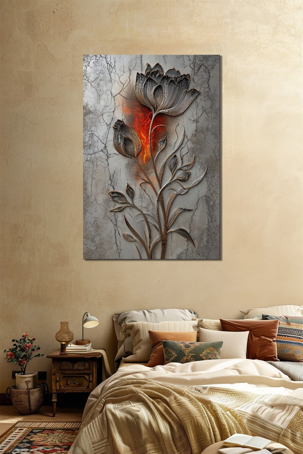 Lale Çiçeği Baskılı Cam Tablo – Mermer Zeminli Modern Floral Duvar Dekoru