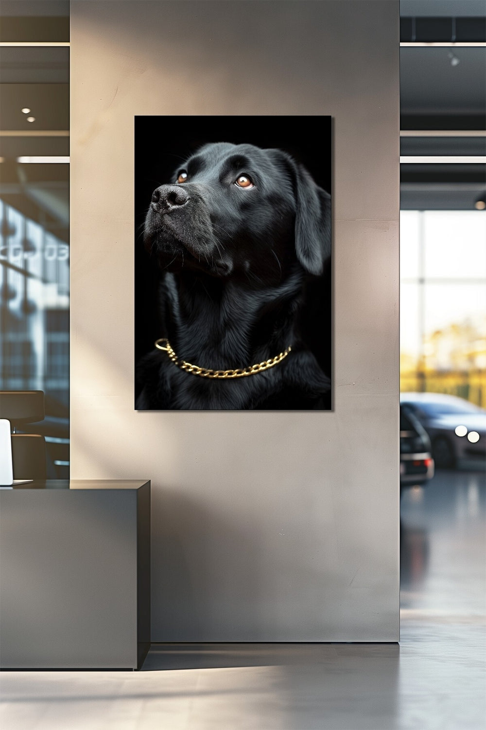 Siyah Köpek Baskılı Cam Tablo – Gold Zincir Detaylı Modern ve Şık Duvar Dekoru
