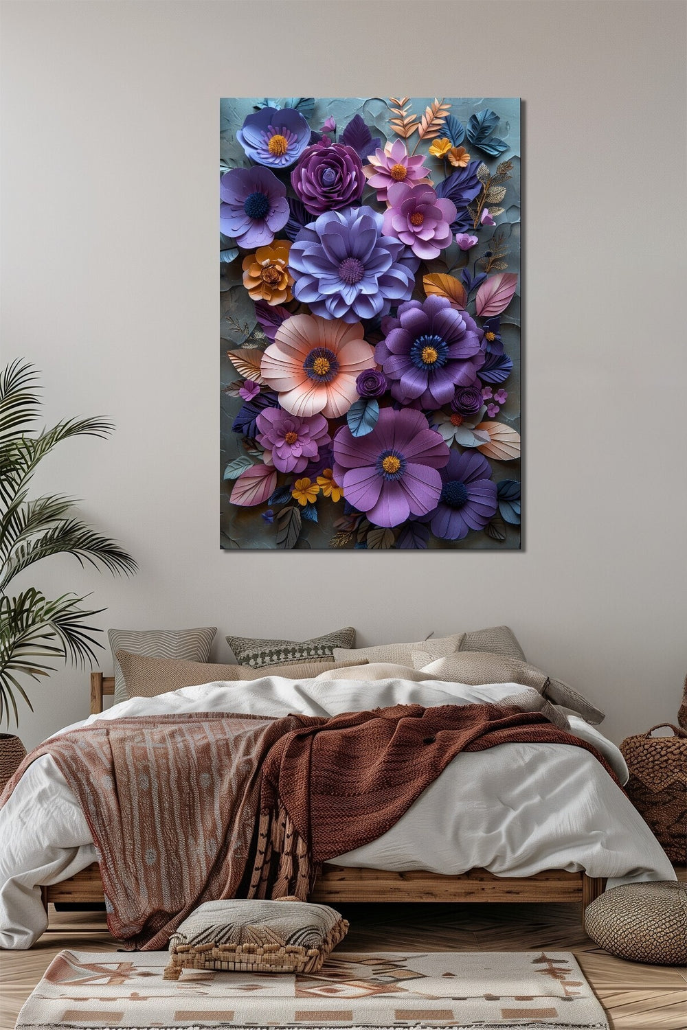 Çiçek Baskılı Cam Tablo – Renkli 3D Floral Tasarım Dekoratif Duvar Tablosu