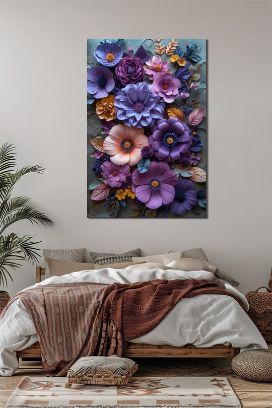 Çiçek Baskılı Cam Tablo – Renkli 3D Floral Tasarım Dekoratif Duvar Tablosu