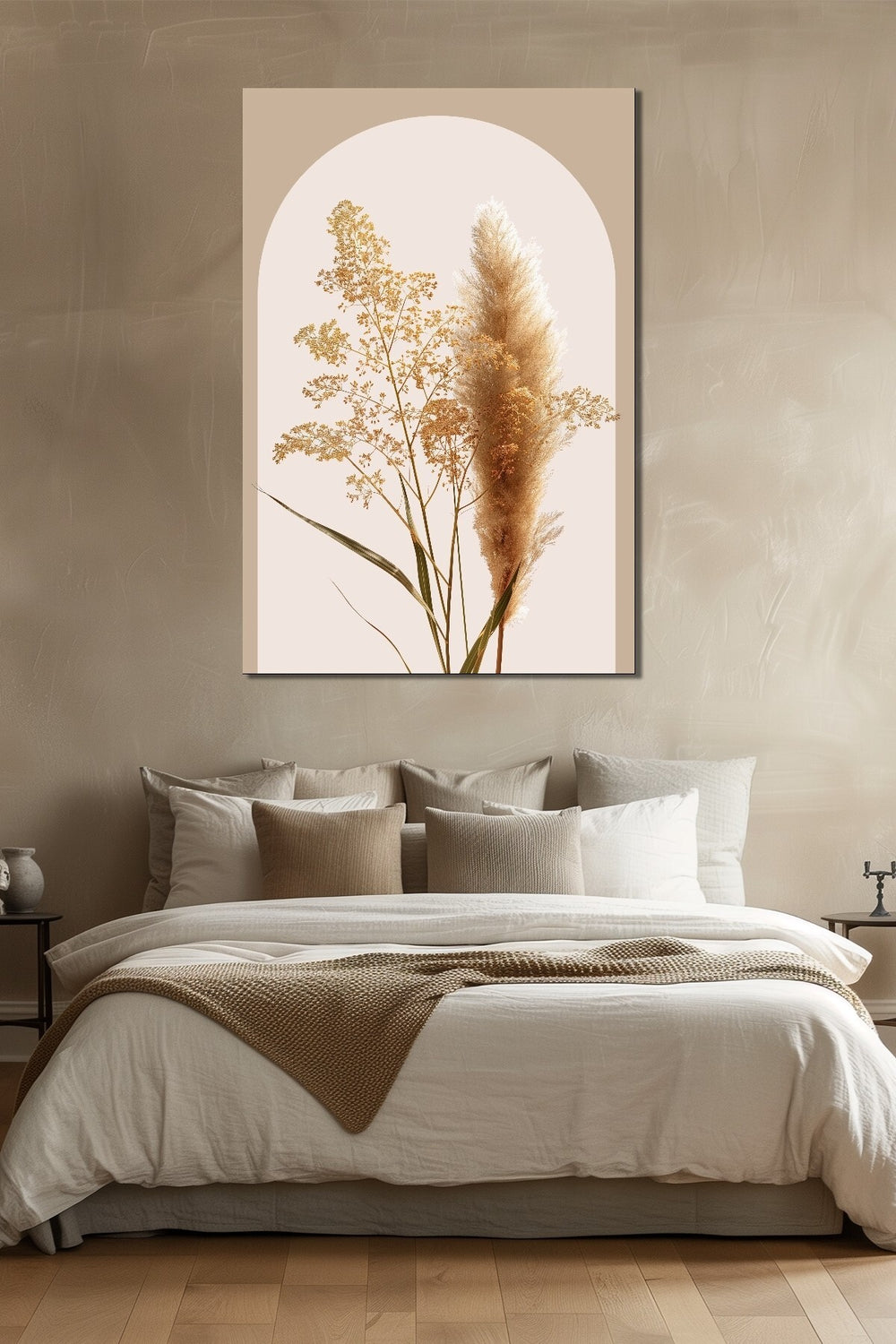Pampas Otu Baskılı Cam Tablo – Bej Tonlu Minimalist Bitki Duvar Dekoru