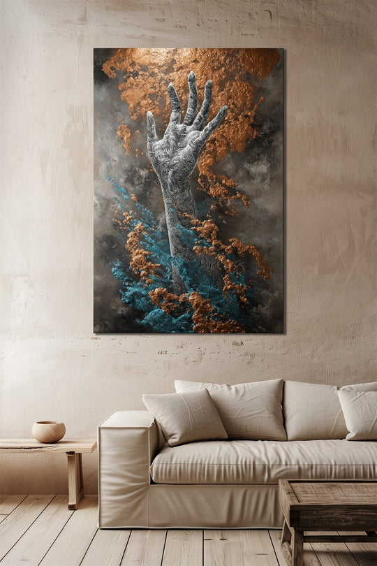 Soyut Yükselen El ve Renk Patlaması Baskılı Cam Tablo – Modern Sanatsal Duvar Dekoru