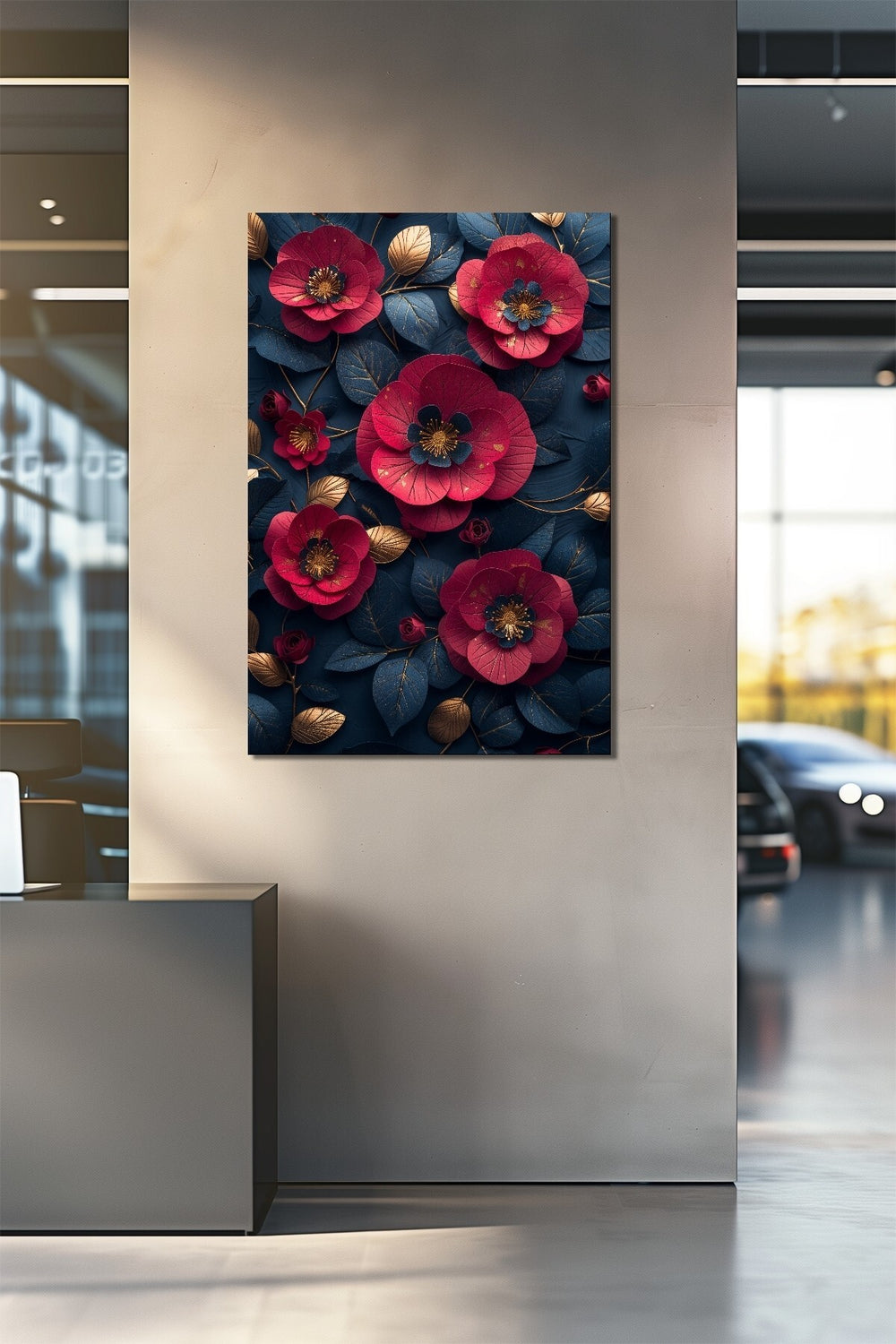 Çiçek Baskılı Cam Tablo – Kırmızı ve Lacivert 3D Floral Dekoratif Duvar Tablosu