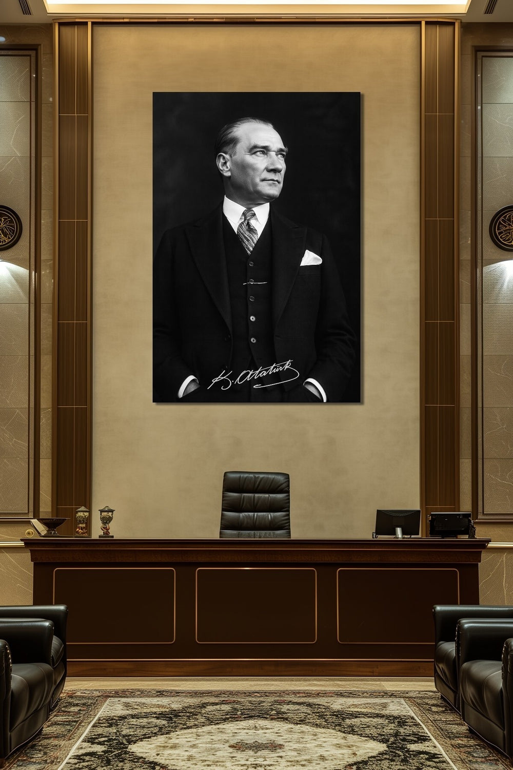 Atatürk İmzalı Siyah Beyaz Baskılı Cam Tablo – Klasik Şık UV Baskı Duvar Dekoru