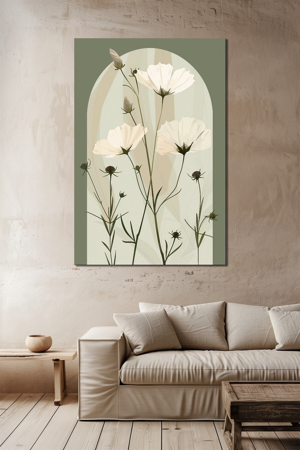 Minimalist Çiçek Baskılı Cam Tablo – Yeşil Zemin Beyaz Çiçek Desenli Modern Dekor