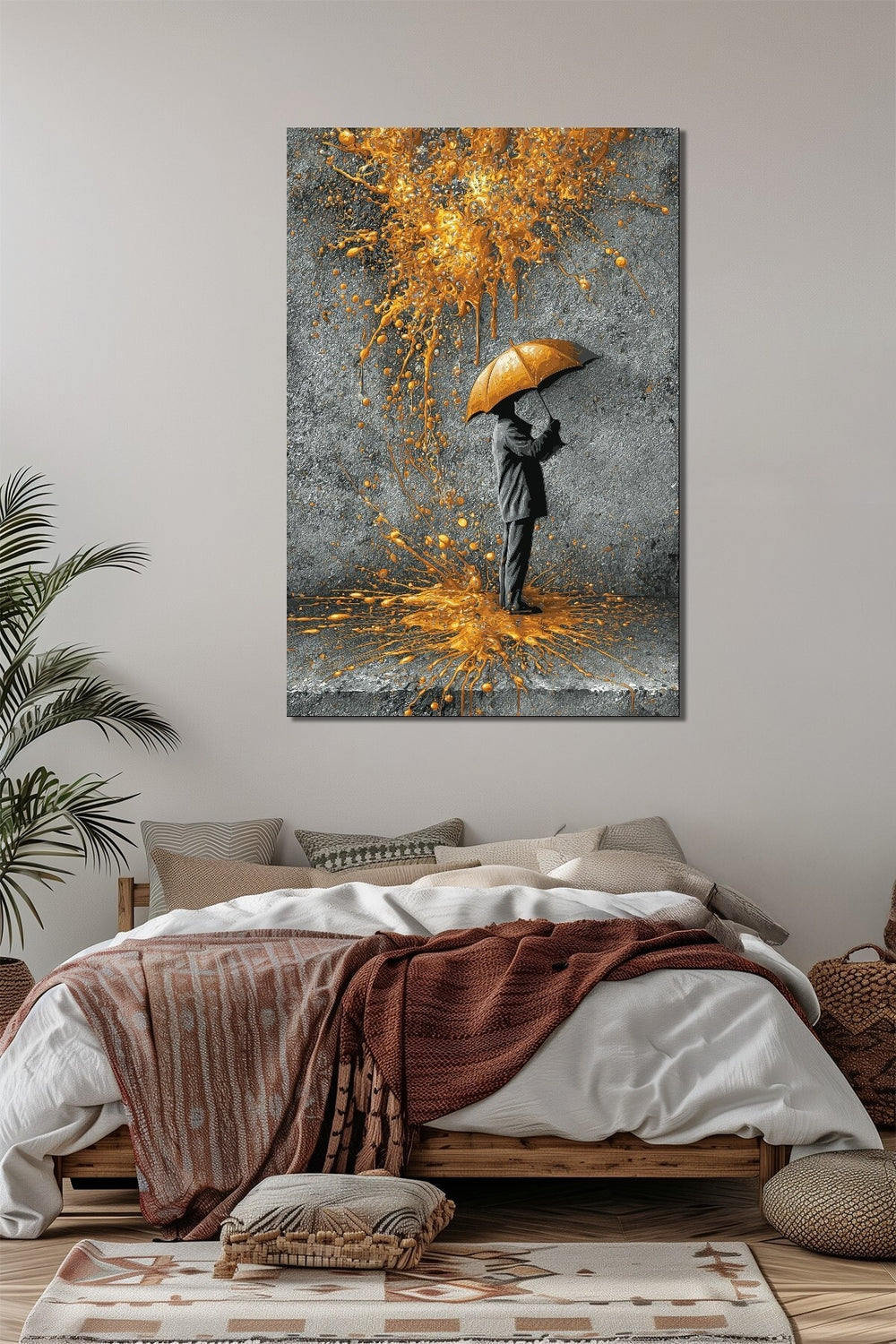 Şemsiyeli Adam Soyut Altın Sıçrama Baskılı Cam Tablo – Modern Sanat UV Baskı
