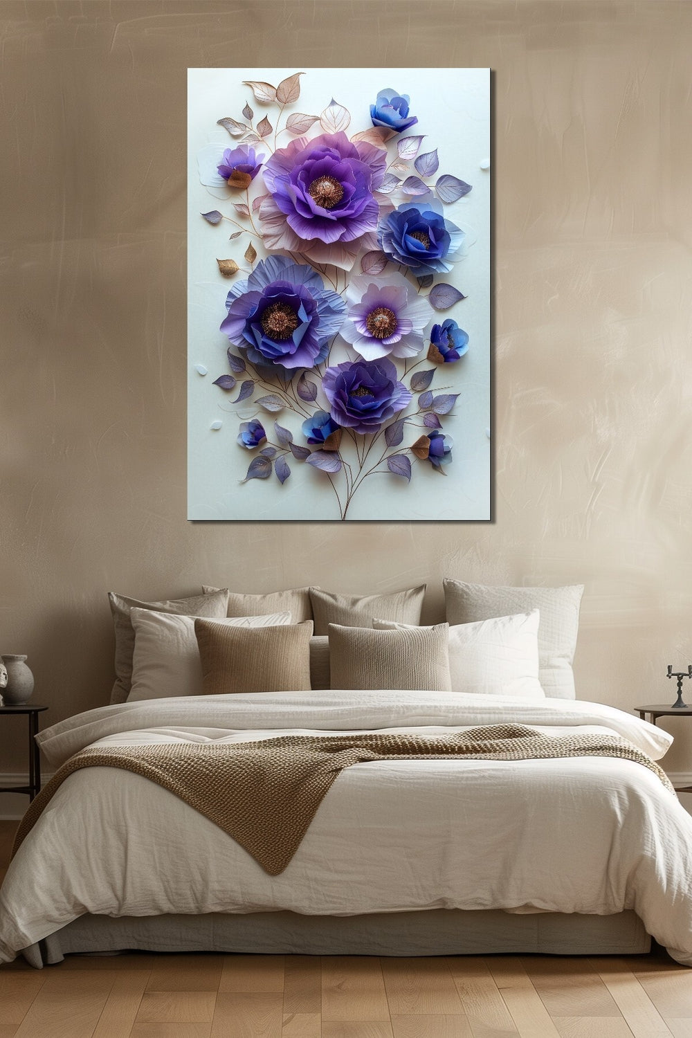 Çiçek Baskılı Cam Tablo – Mor ve Mavi Tonlu 3D Floral Dekoratif Duvar Tablosu