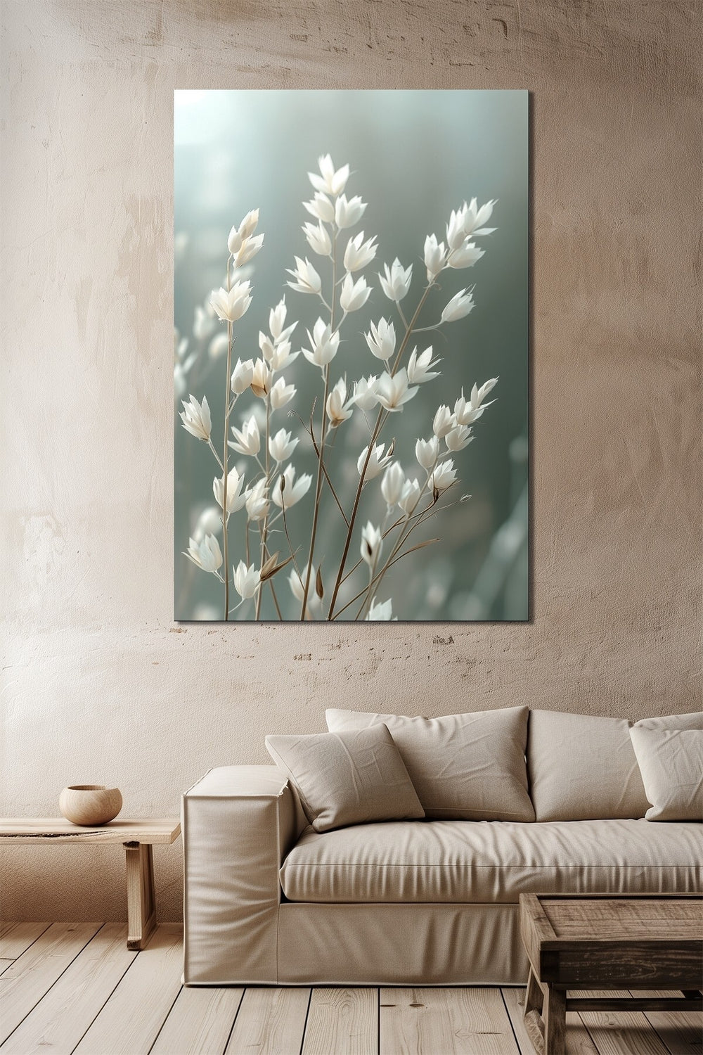 Beyaz Çiçek Cam Tablo Minimalist Pastel Yeşil UV Baskılı Temperli Boho Nordic Yatak Odası Salon Deko