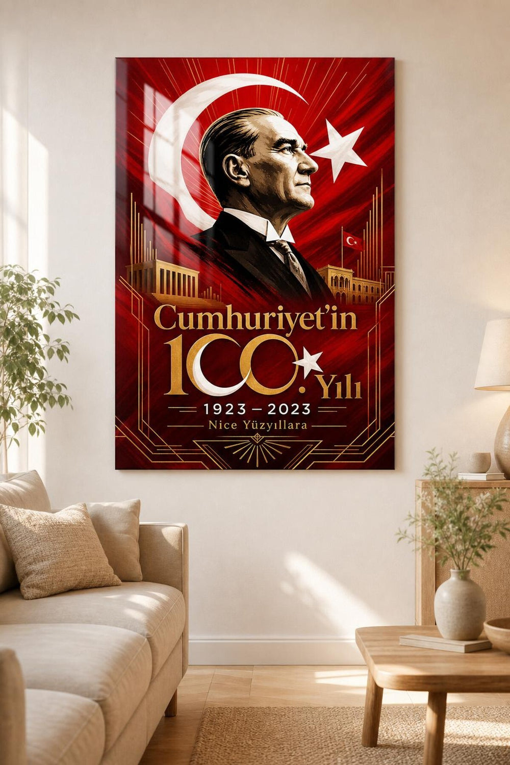 Atatürk ve Cumhuriyet 100. Yıl Baskılı Cam Tablo – UV Baskı Türk Bayrağı Dekoru