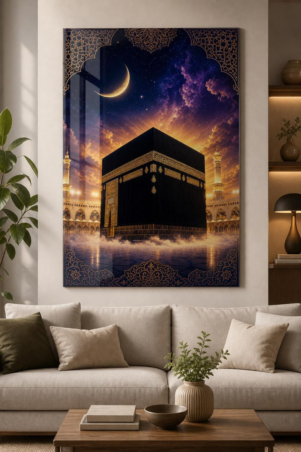 Hilalli Gece Kabe Baskılı Cam Tablo – UV Baskı Manevi Dekoratif Duvar Tablosu