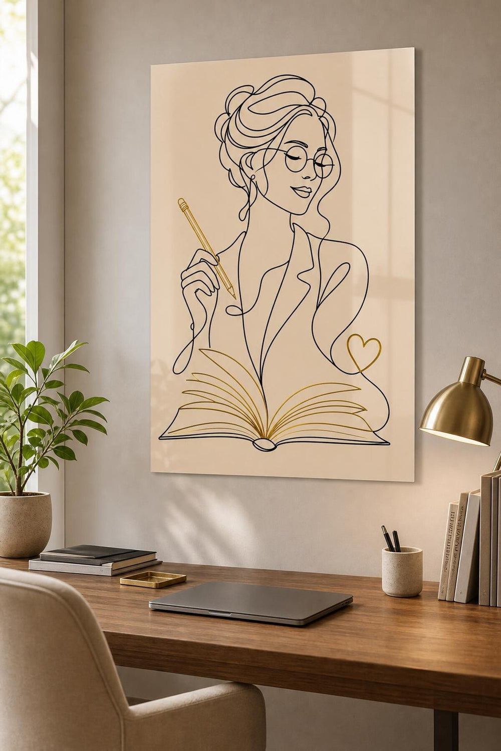 Kitap Okuyan Kadın Baskılı Cam Tablo – Minimalist Çizgi Sanatı UV Baskı