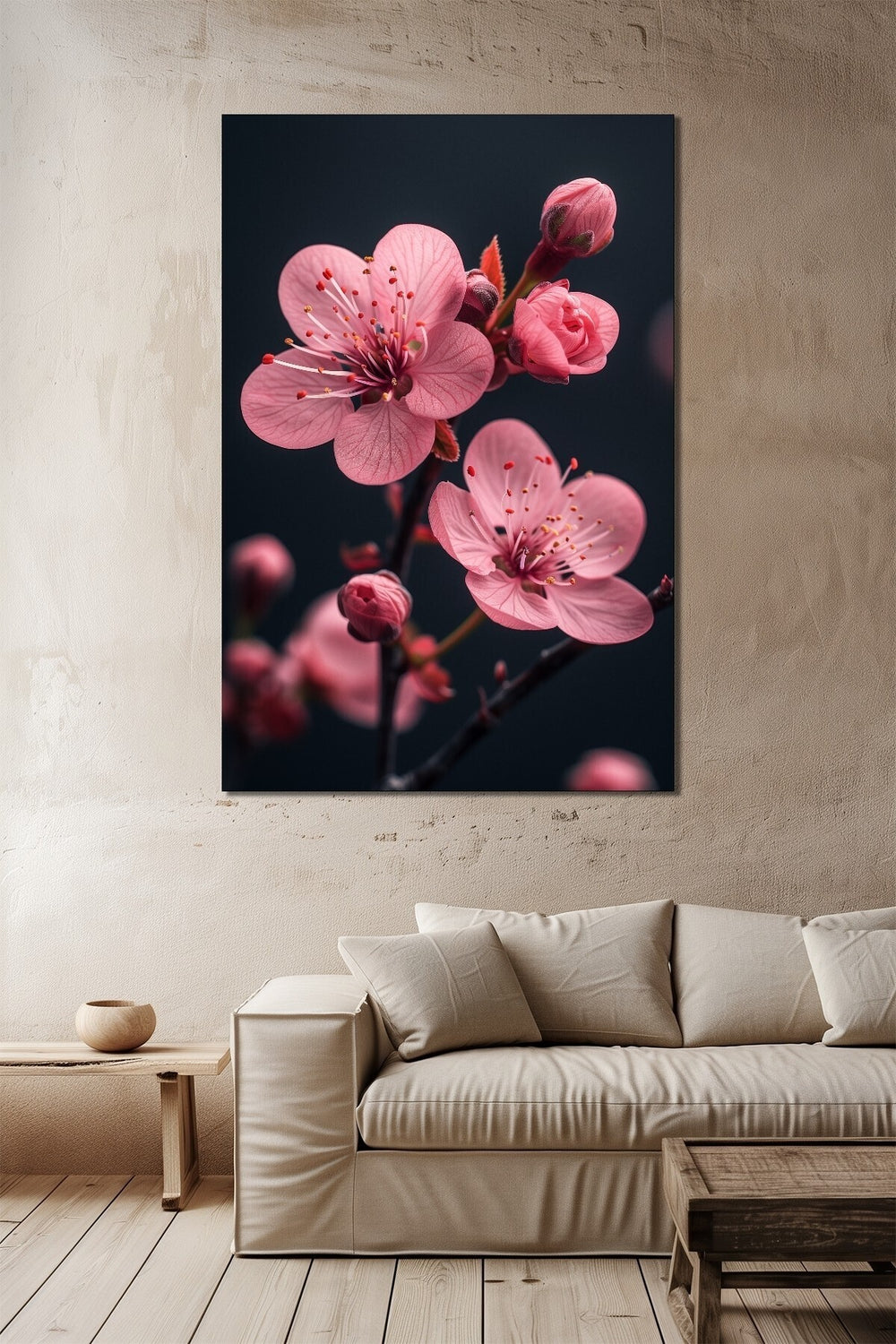 Pembe Çiçek Baskılı Cam Tablo – Minimal Sakura Dalı Dekoratif Duvar Tablosu