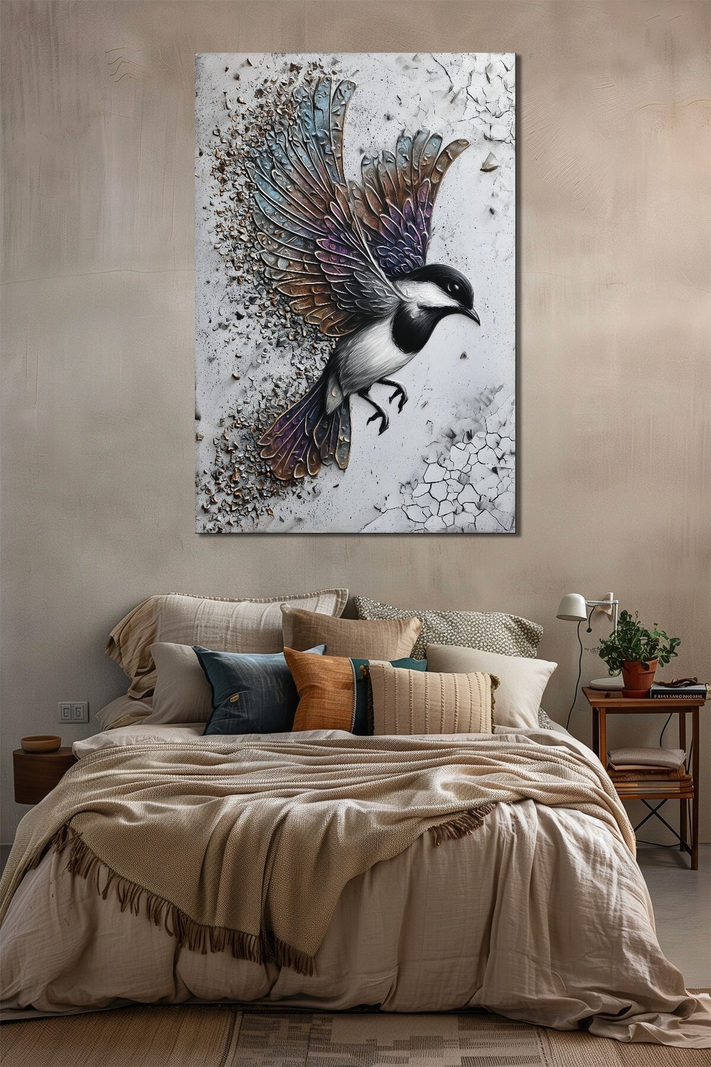 Kuş Baskılı Cam Tablo – Parçalanan Kanatlı Modern Sanat Duvar Dekoru
