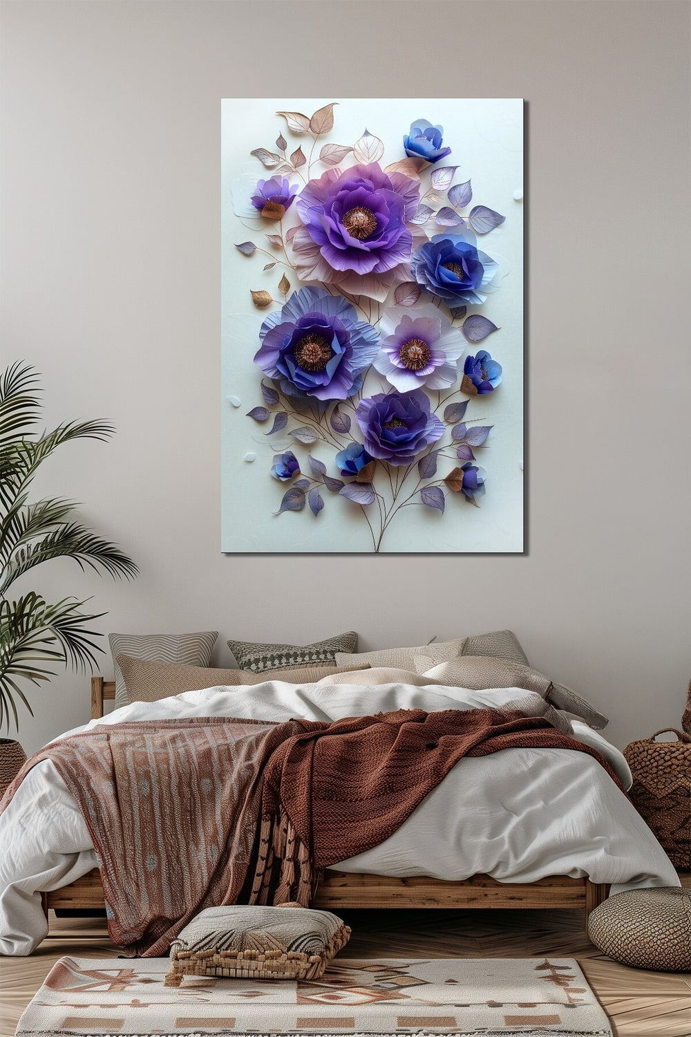 Çiçek Baskılı Cam Tablo – Mor ve Mavi Tonlu 3D Floral Dekoratif Duvar Tablosu