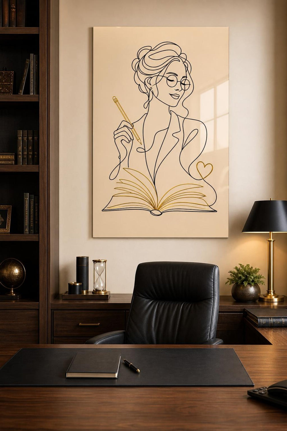 Kitap Okuyan Kadın Baskılı Cam Tablo – Minimalist Çizgi Sanatı UV Baskı