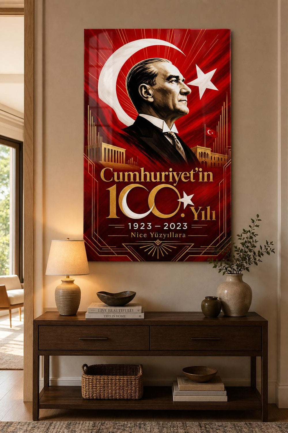 Atatürk ve Cumhuriyet 100. Yıl Baskılı Cam Tablo – UV Baskı Türk Bayrağı Dekoru